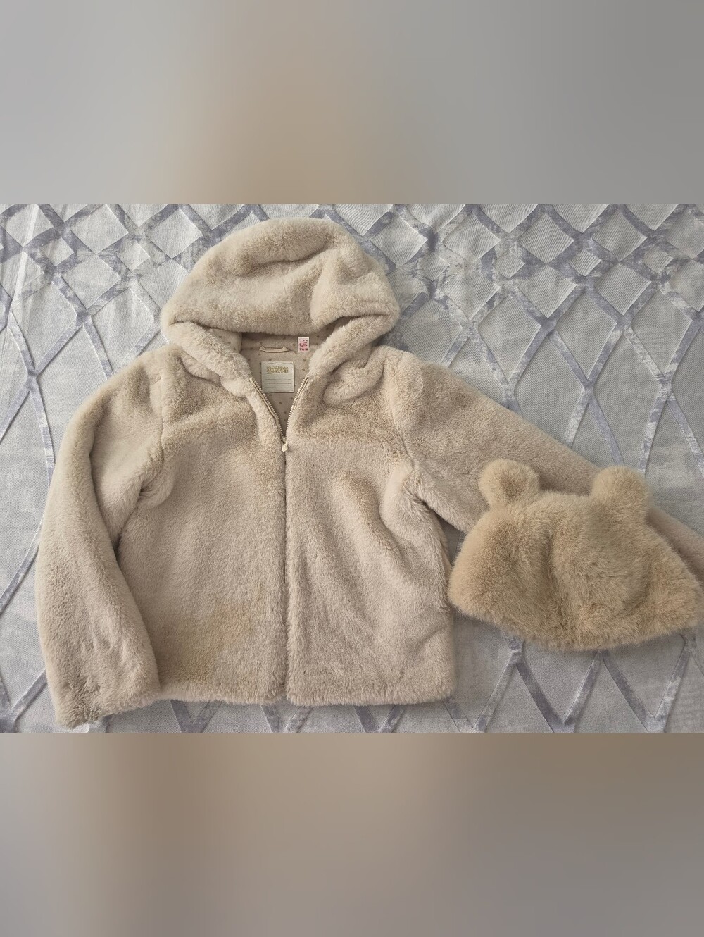 Faux-fur hooded zip up jacket and matching bear-ear hat, size 10 yo